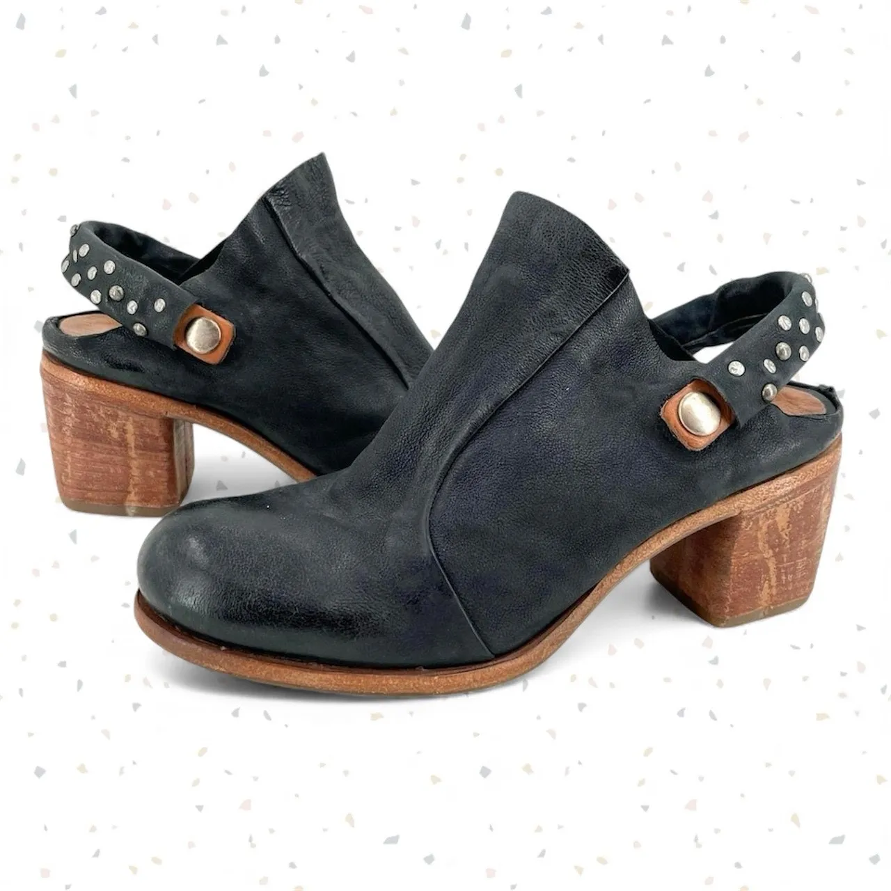 A.S.98 Black Leather Mules Silver Studded Heeled Shoes Boho Cottage EU Size 36 - Image 3