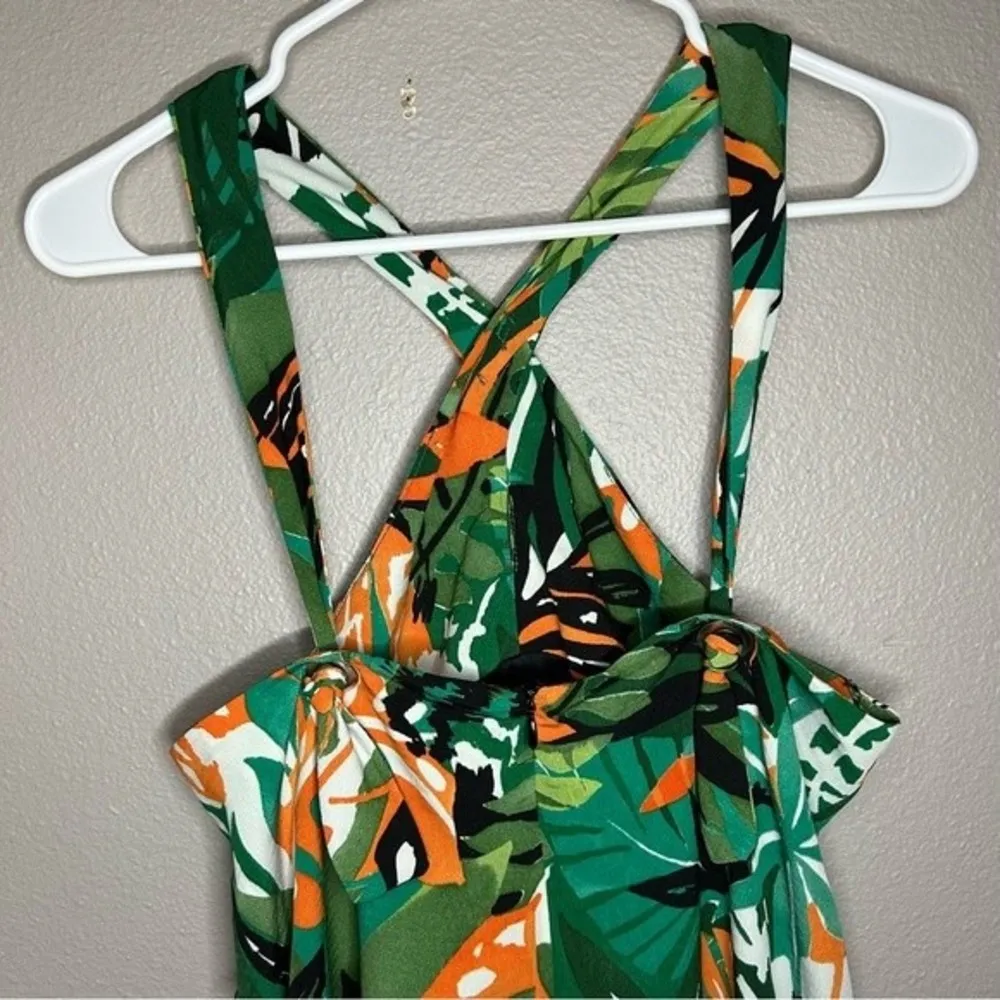 ZARA Trafaluc green tropical print criss cross halter neck romper size small - Image 6