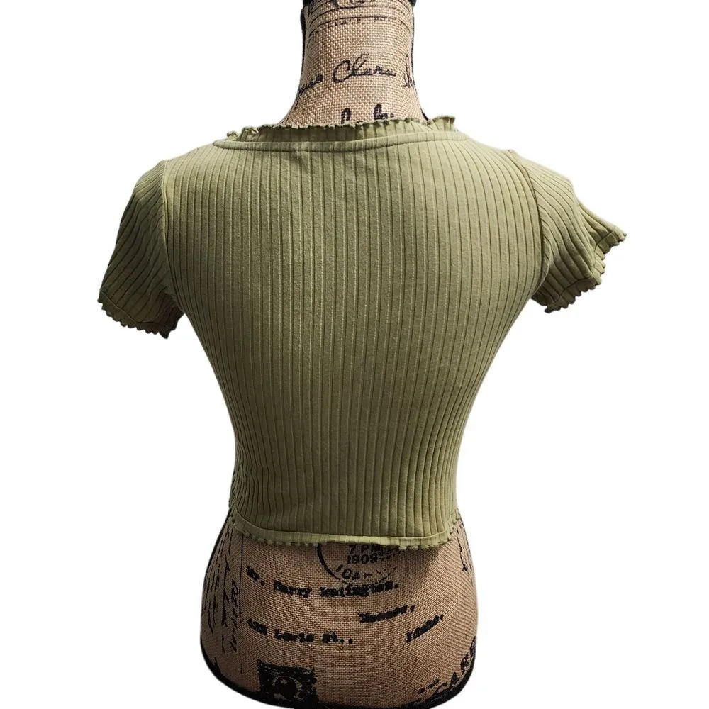 PAC Sage Green Ribbed Crop Top Button Front Short Sleeve Y2K Style Size S‎ - Image 2