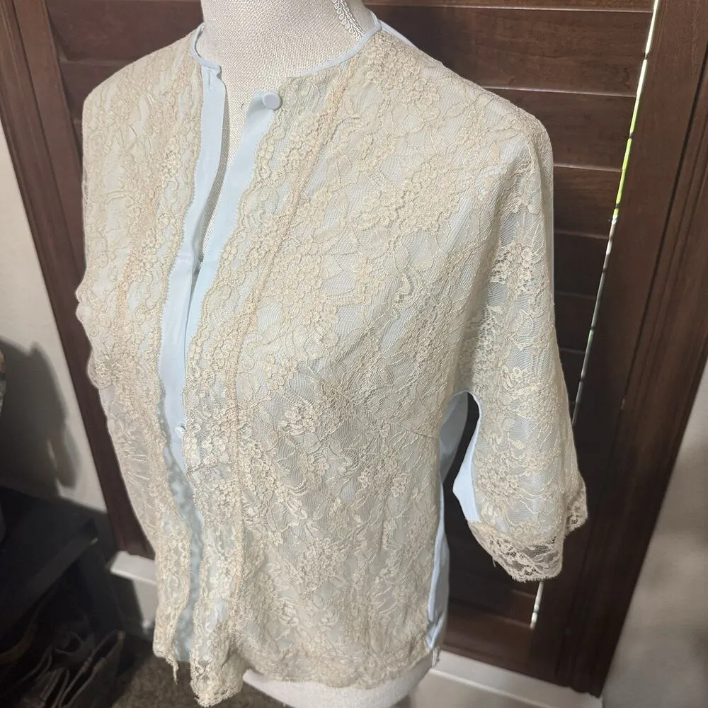 VTG Lace Overlay Pajama Top Neiman Marcus Vanity Fair M Light Blue Nylon 60s - Image 2