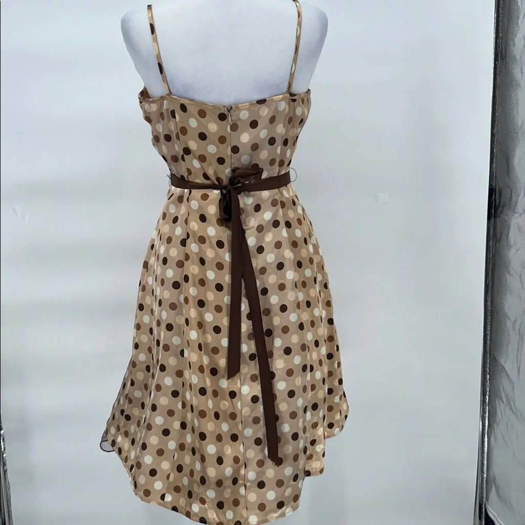 City Triangle Y2K Polka Dot Party Dress Beige Brown Tie Waist Size 9 - Image 6