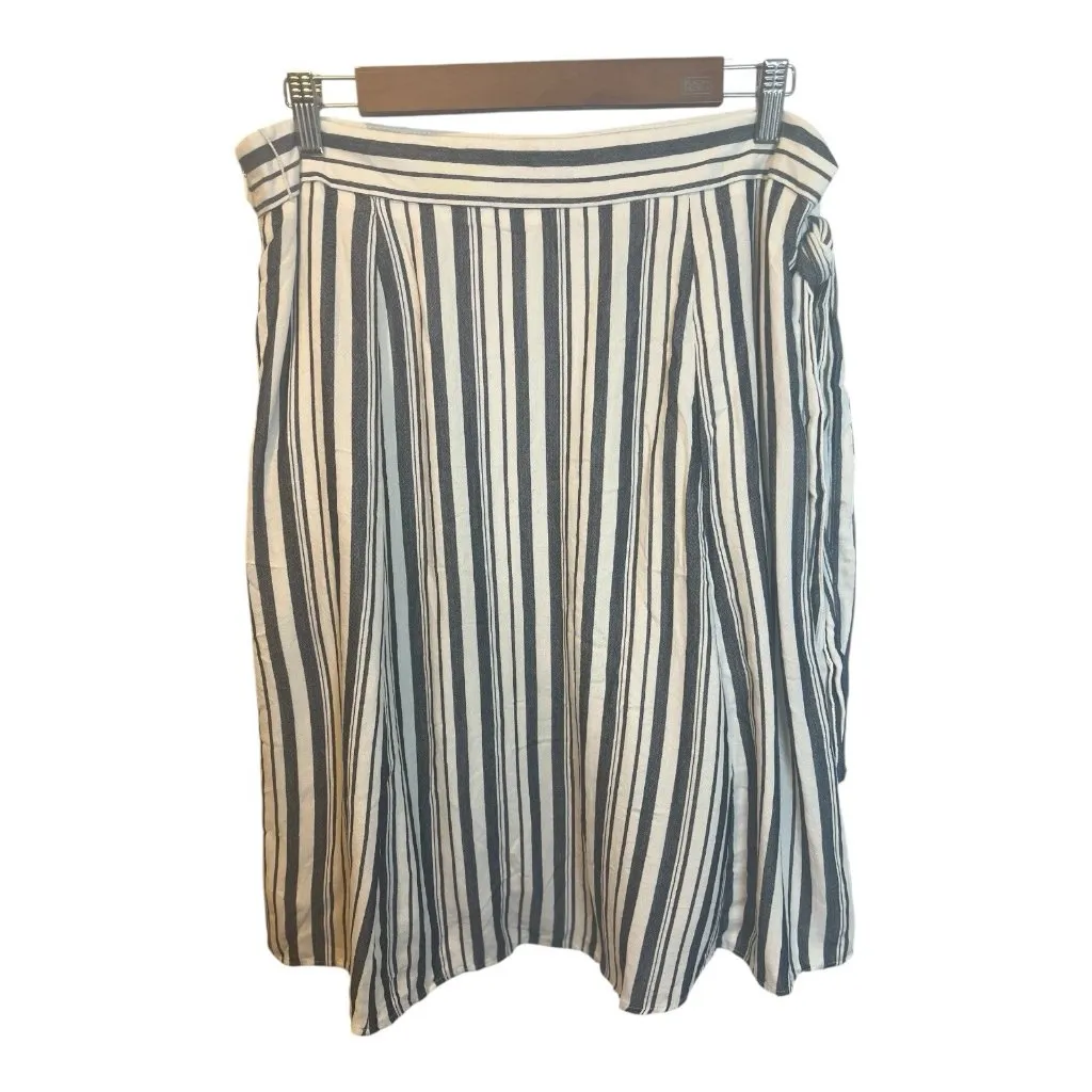 Loft Black White Striped Midi Skirt 14 Petite A-Line Tie Belt Side Zipper Lined - Image 2