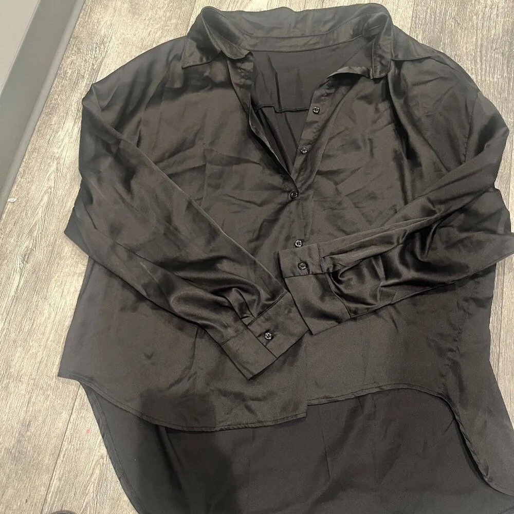 Shein 4XL Plain Solid Black Polyester Long Sleeve Button Down Womens Dress Shirt - Image 2