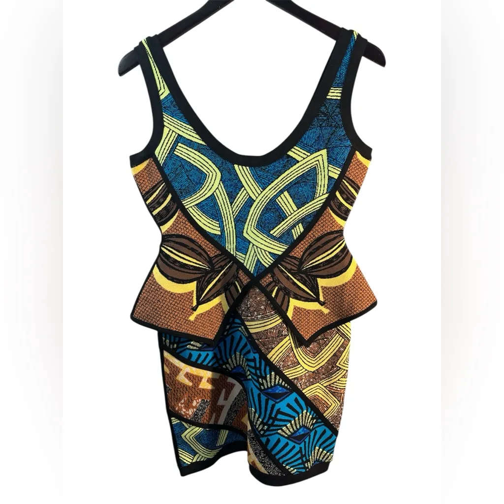 Herve Leger Aron Tribal Jacquard Peplum Dress Large MSRP $1790 Bodycon Bandage - Image 3
