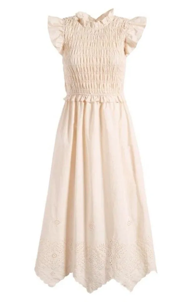 Moon River Ruffled Smocked Eyelet Midi Dress in Cream - Image 3
