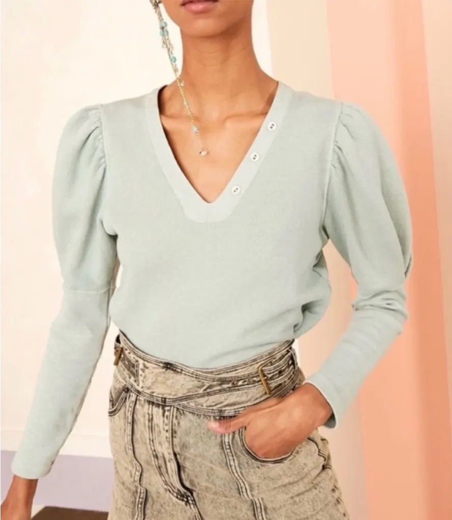 Ulla Johnson Jude Puff Sleeve Sweatshirt in Blue Green Women's Size P - Image 1