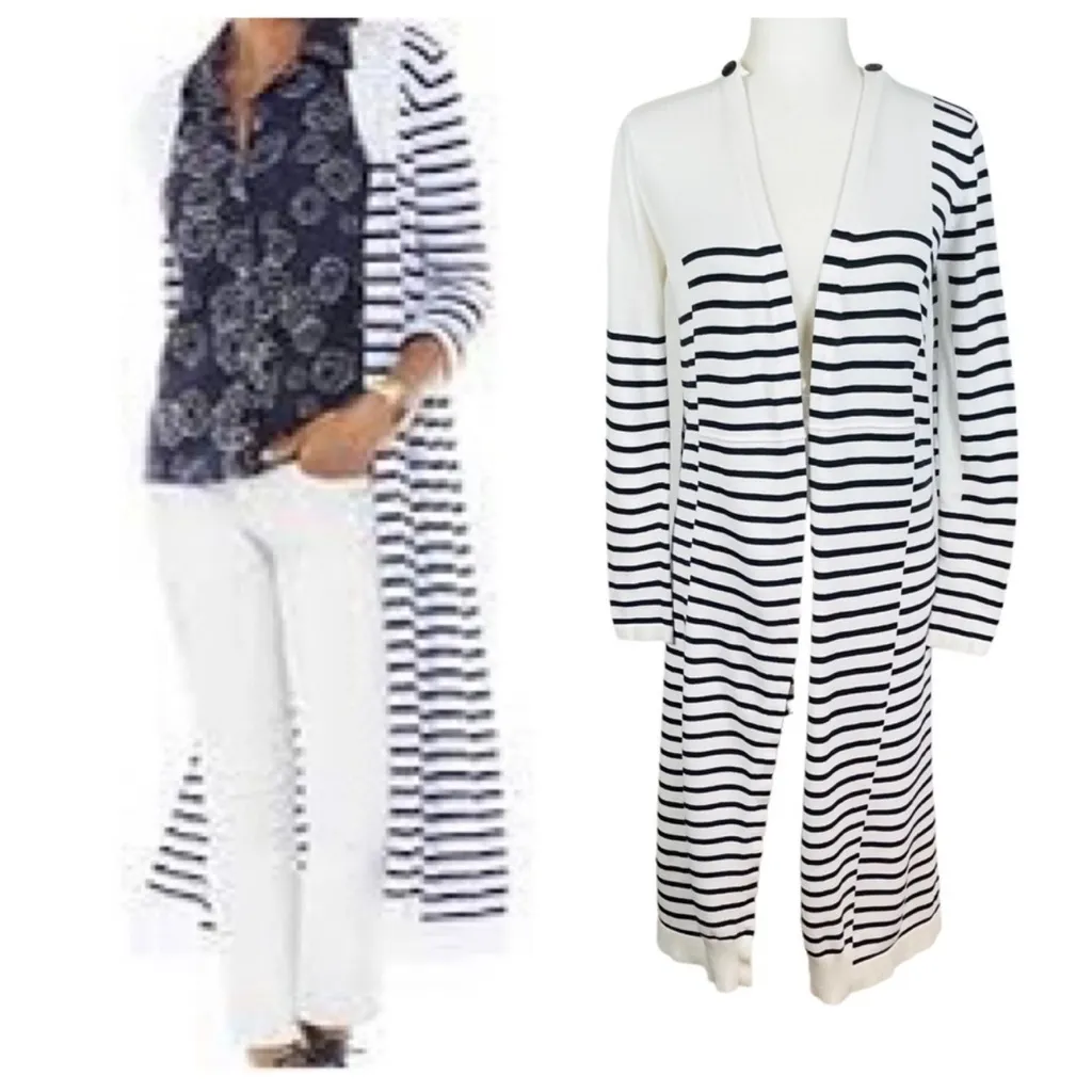 Cabi Cardigan Victory Duster Blue White Stripes Long Sweater Size medium - Image 15