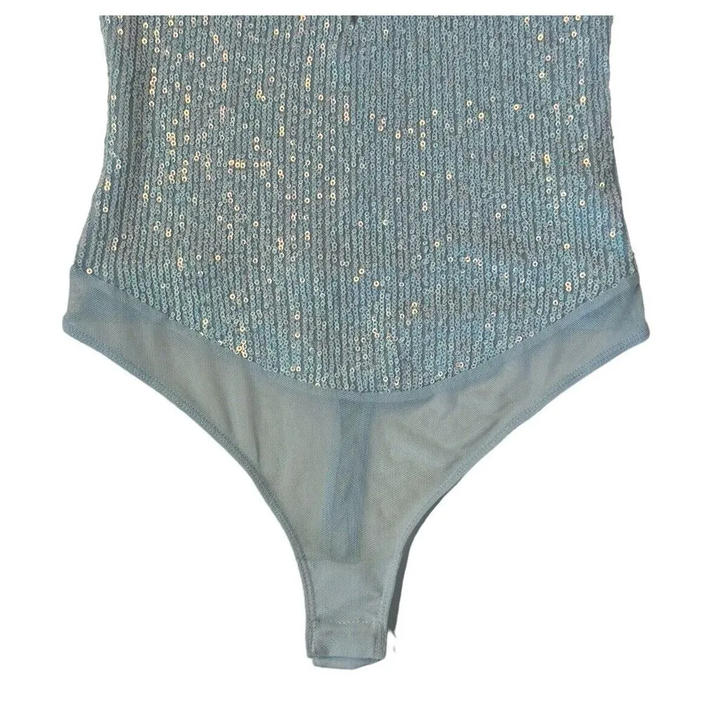 INTIMATELY FREE PEOPLE Sparks Fly Iridescent Light Baby Blue Sequin Bodysuit XS - Image 4