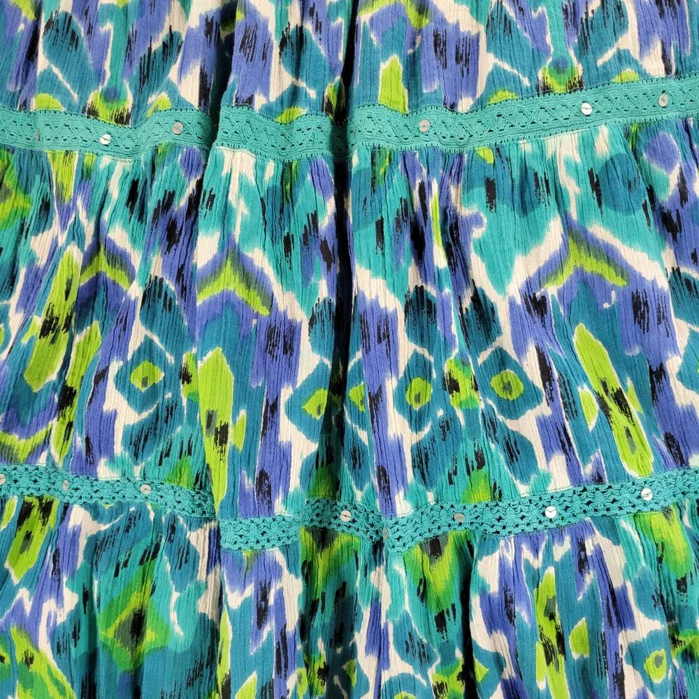 Vintage Notations A-line Skirt Womens L Blue Boho Watercolor Tiered Flowy Hippie - Image 3