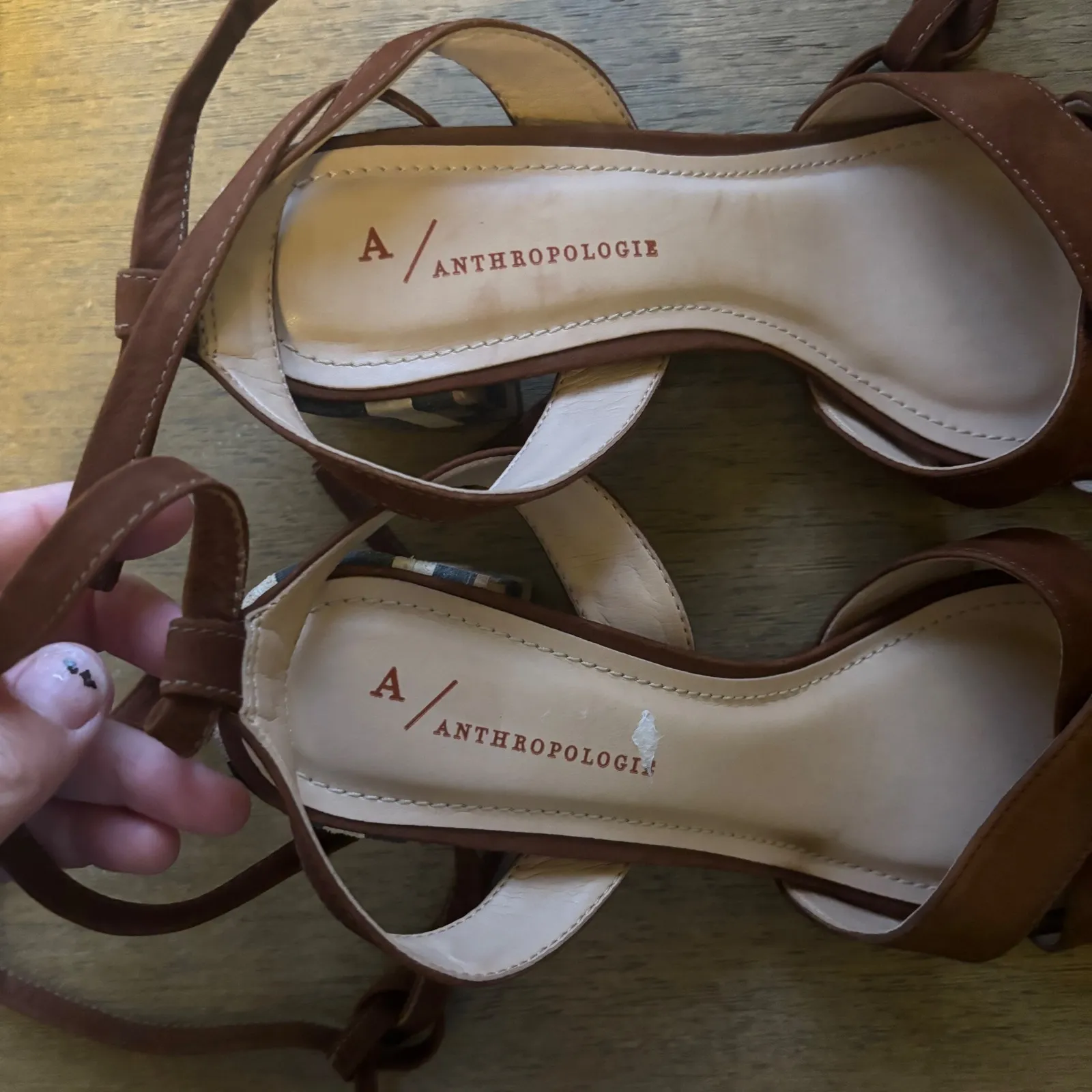 Anthropologie Tabitha Open Toe Heels Aztec Print Suede Brown‎ Ankle Wrap Size 38 - Image 6