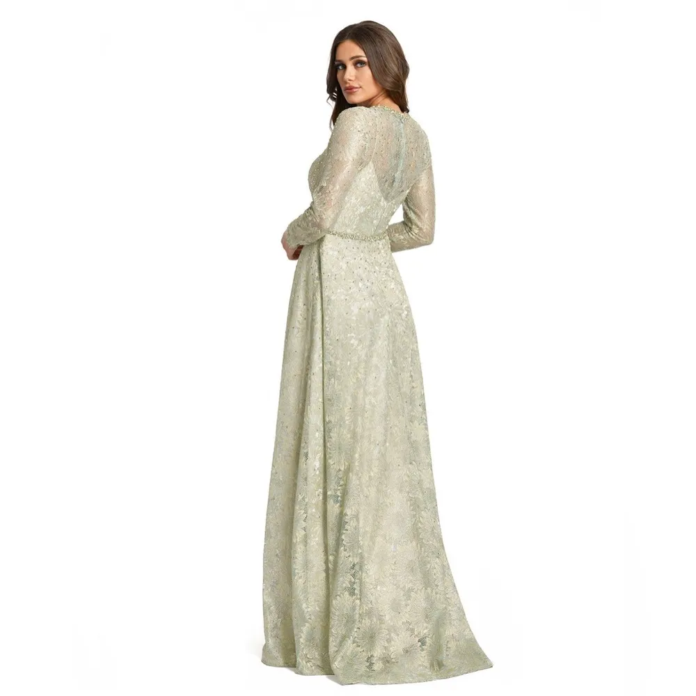 Mac Duggal 491881 Sage Green Gold Long Sleeve Floral Lace Gown Dress Size 6 - Image 9