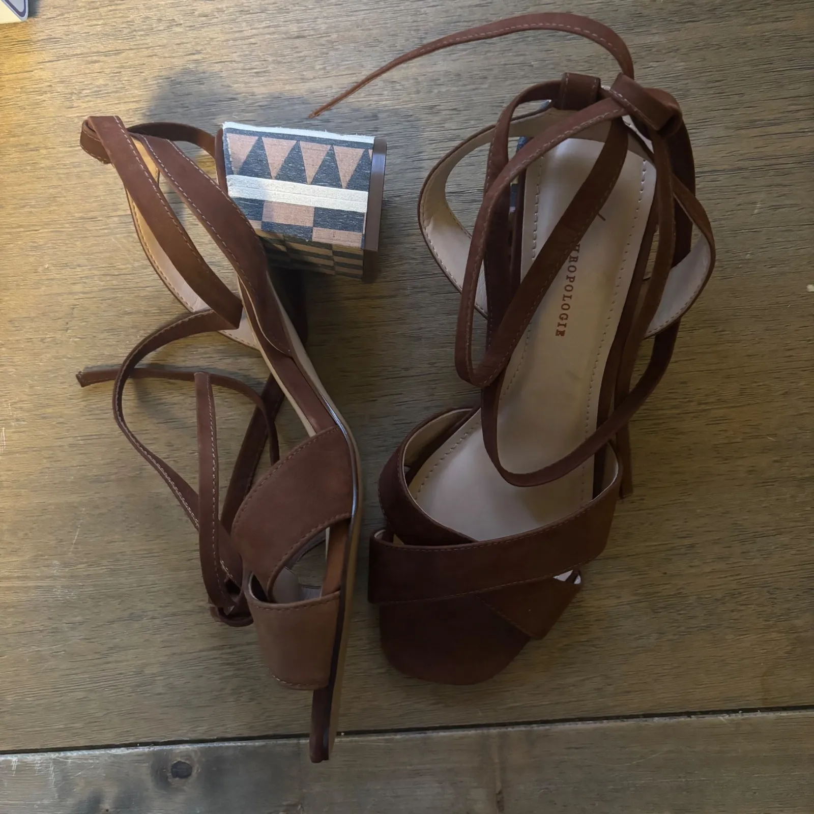 Anthropologie Tabitha Open Toe Heels Aztec Print Suede Brown‎ Ankle Wrap Size 38 - Image 3