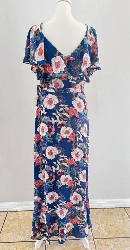 Fully Bloomed Lulus Blue Floral Print Off-the-Shoulder Maxi Wrap Dress size m - Image 3