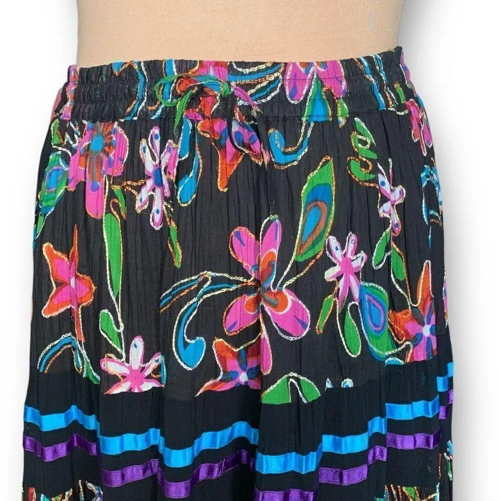 Vintage 90s Maxi Skirt Black Multicolor Floral Print Ribbon Detail Tiered Medium - Image 3