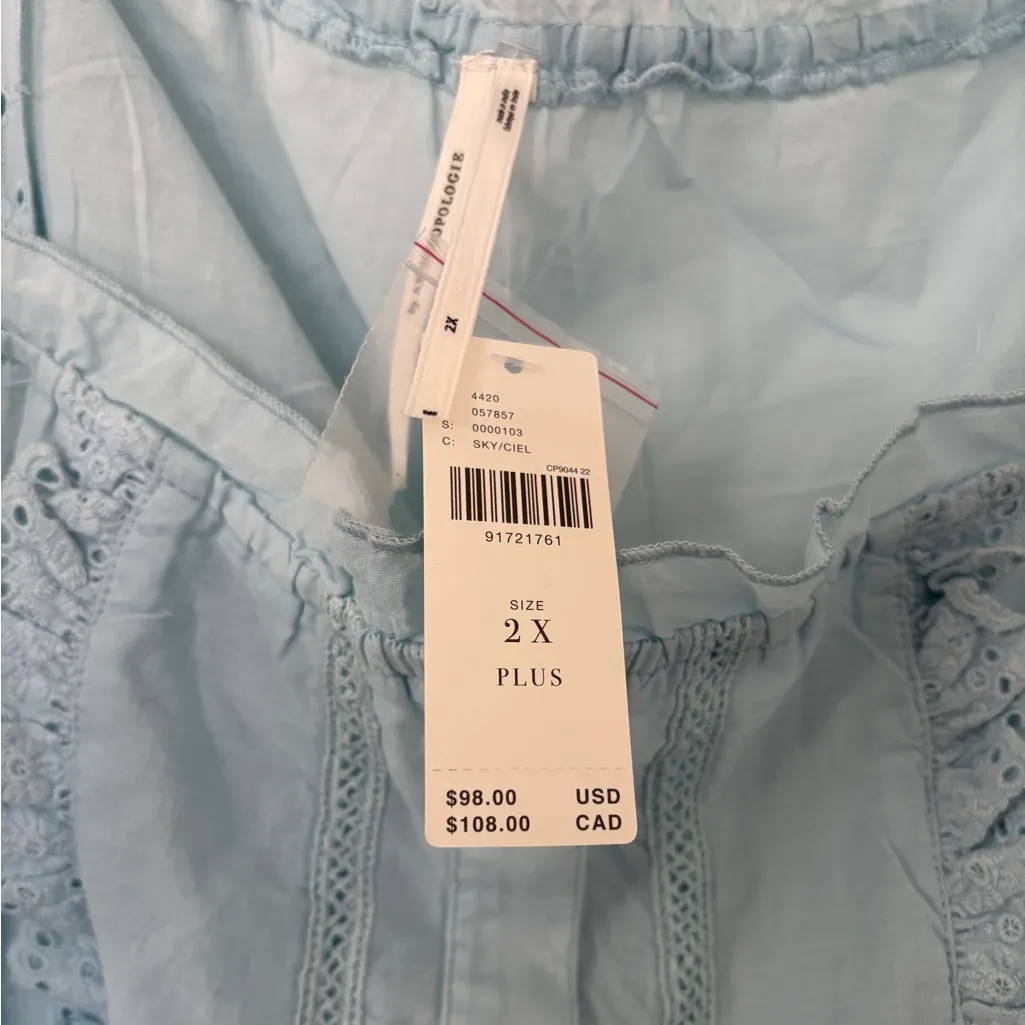 NWT By Anthropologie Puff Sleeve Eyelet Cotton Top Sky Blue Boho Style Ruffle - Image 4