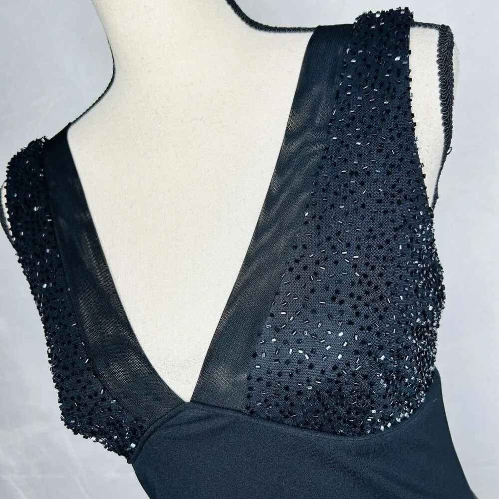 Cache Black Cocktail Dress 90s Y2K Black Sz 2 Beaded Top Vintage V-Neck - Image 5