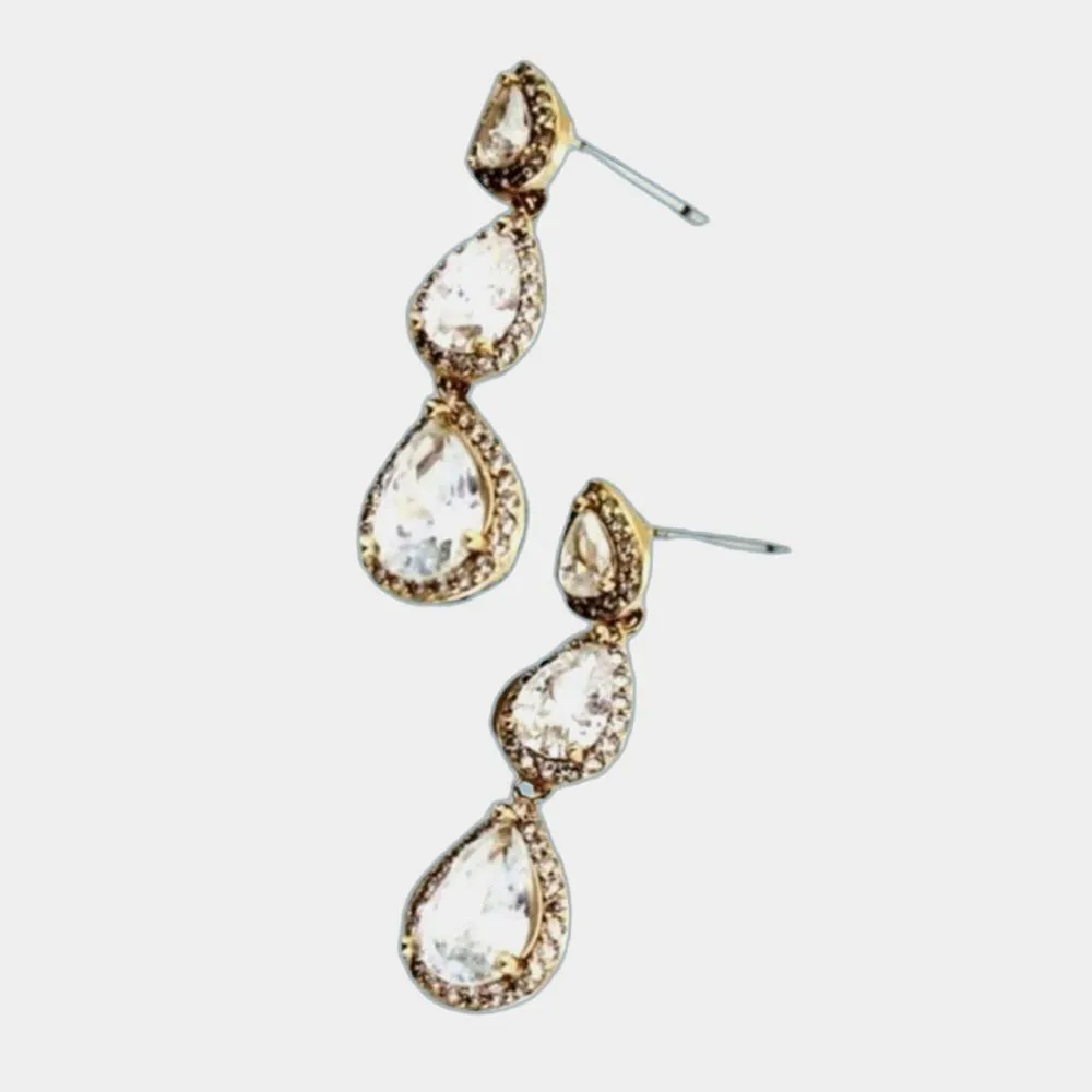 Cubic Zirconia Crystal Teardrop CZ Gold Earrings White - Image 3