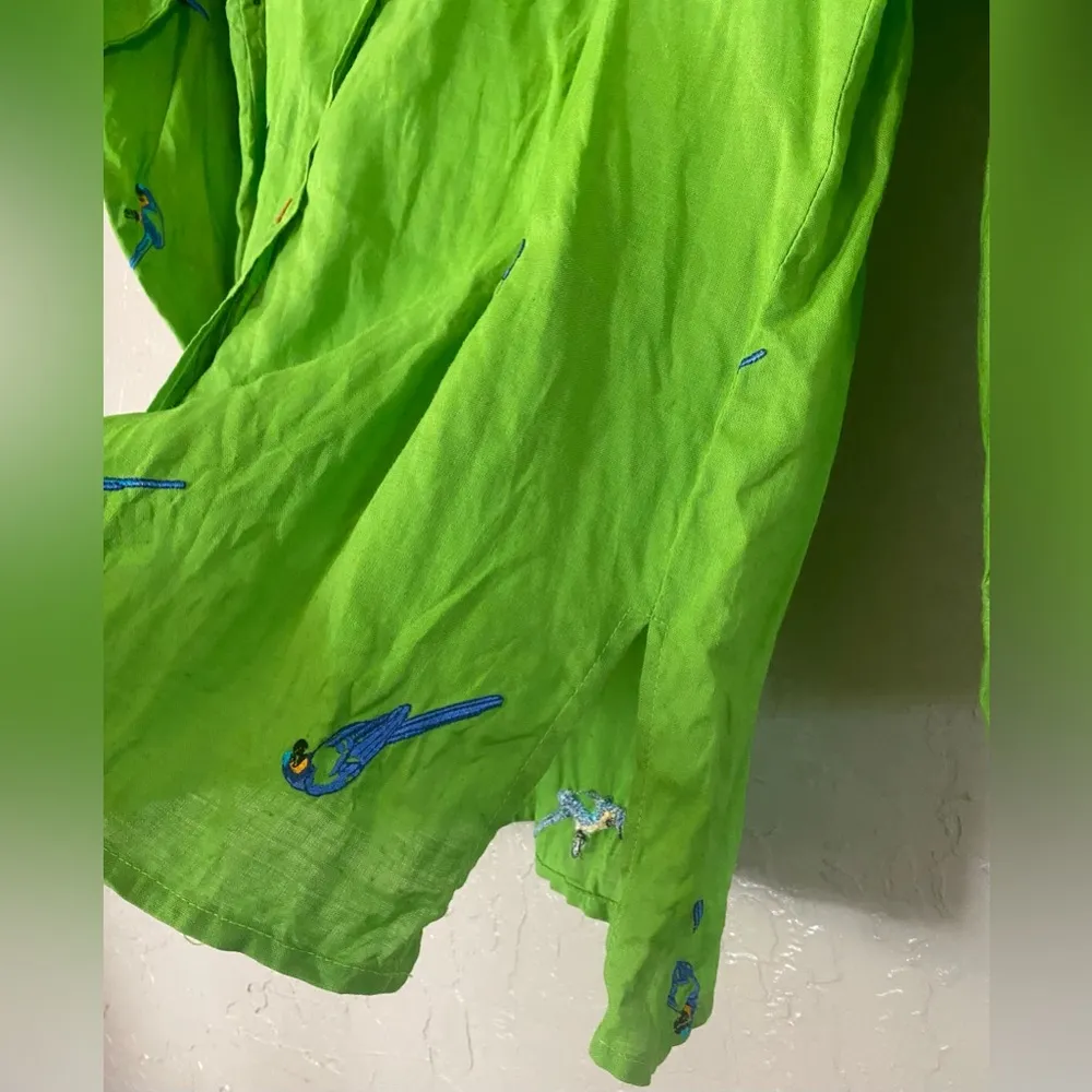 Casey Coleman Embroidered Parrot Long Sleeve Button Shirt M Oversize Green Linen Size M - Image 10