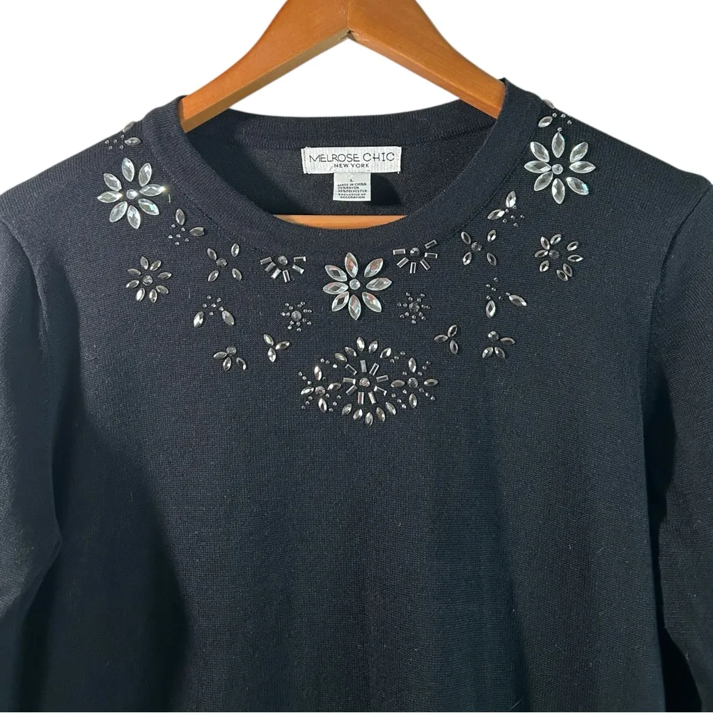 Vintage Whimsigoth Embellished Black Melrose Chic NY Cozy Fall Sweater Dress L Size L - Image 2