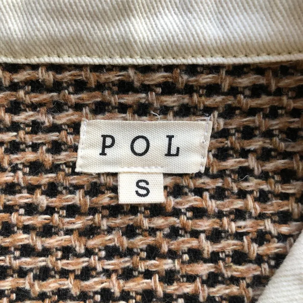 POL White Denim Jacket Ruffle Tweed Collar Frayed Hem Button Front Size Small - Image 7