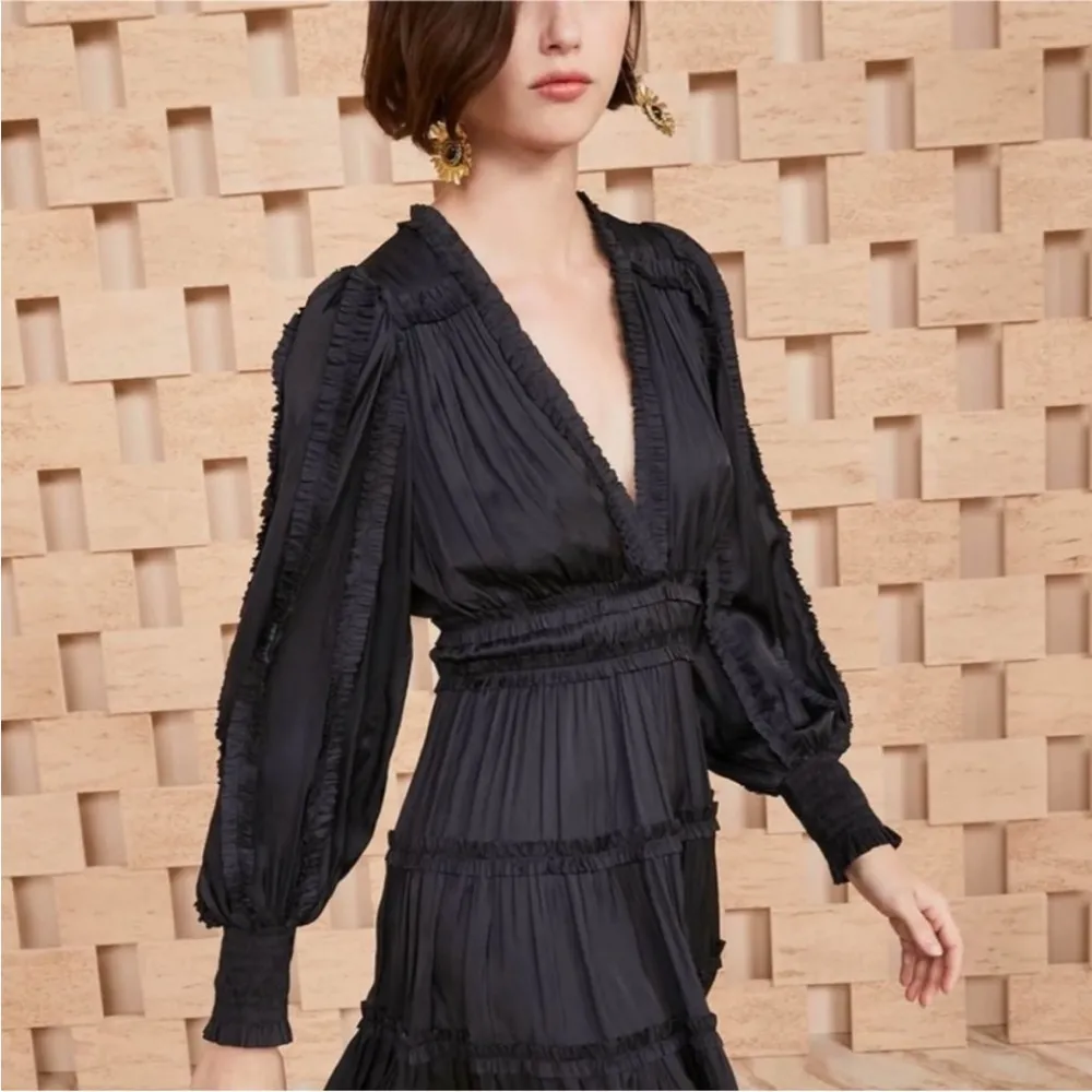 Ulla Johnson Amara Dress Noir Black Plisse Satin Mini Dress Size 4 Small Ruffle - Image 3