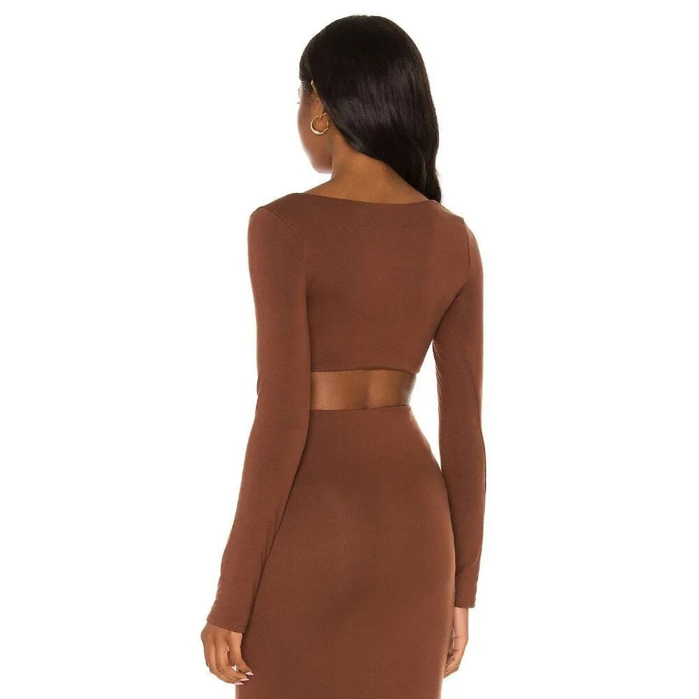 RE ONA Square Neck Crop Top in Chocolate Large New Womens Long Sleeve Blouse Brown - Image 2