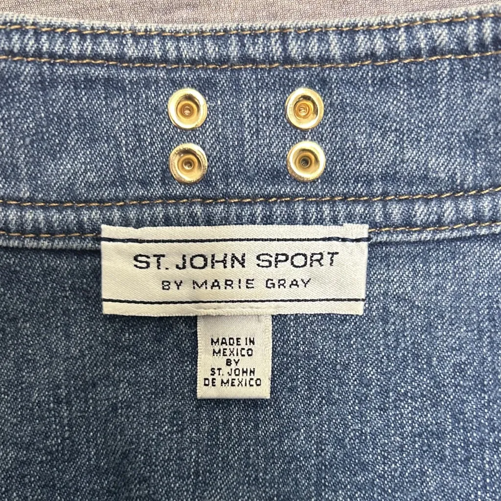 St John Sport Denim Medium Wash Rhinestones Gold Monogram Buttons Jacket Small - Image 13