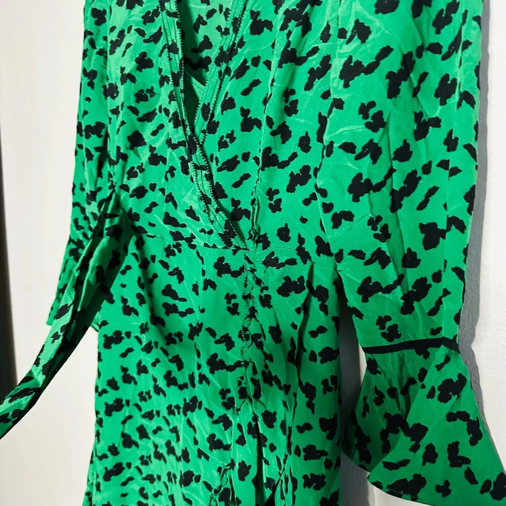 Tanya Taylor Women's Nomi Green Black Printed Long Sleeve Silk Short Dress sz 4 - Image 6