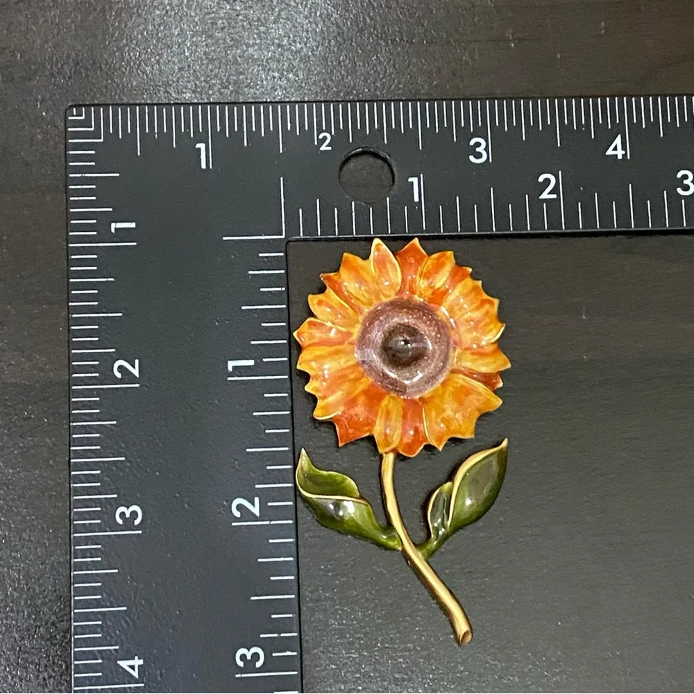 Vintage Enamel Sunflower Brooch Orange - Image 4