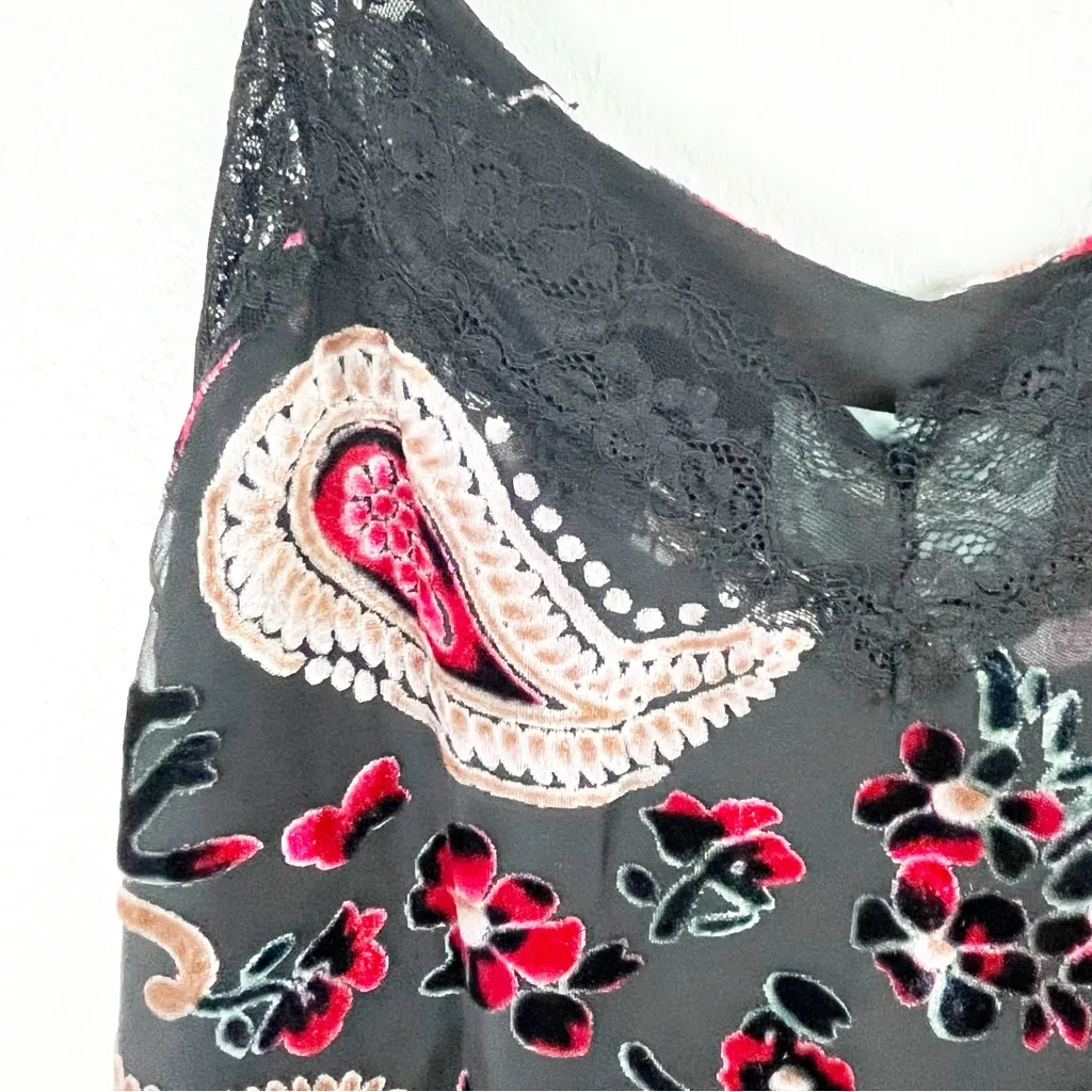 SKIES ARE BLUE Black Velvet Velour Paisley Print Lace Trim Slip Dress Size Small - Image 7