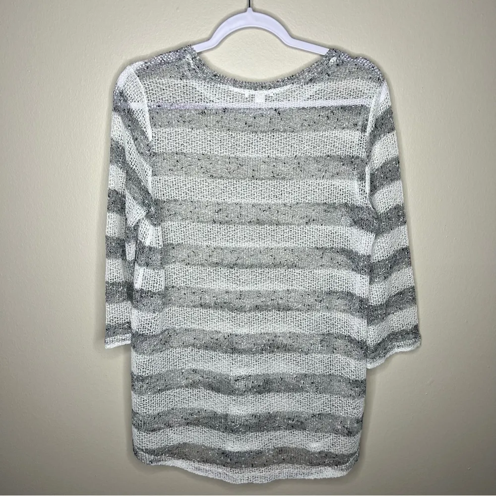 Erin London Striped 3/4 Sleeves Open Knit Sweater‎ M White Size M - Image 2