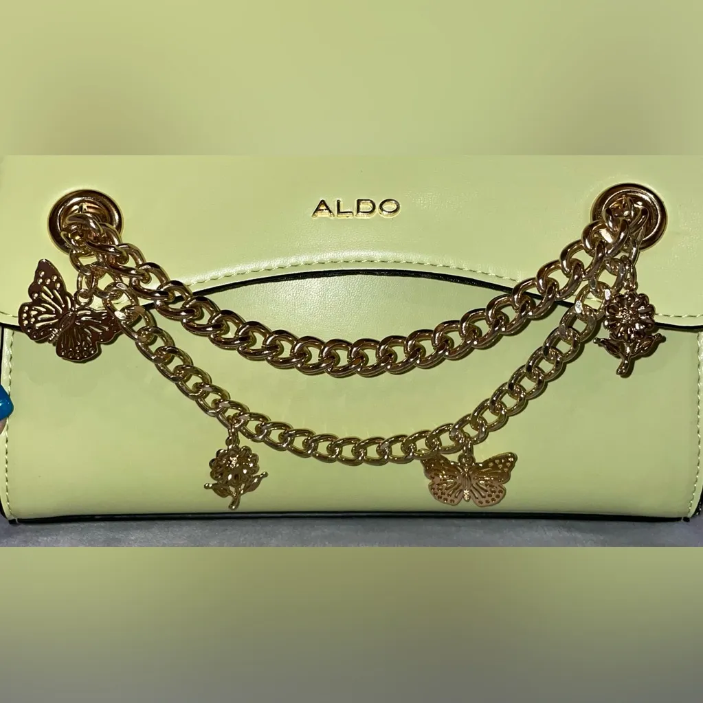 Aldo NWT Lime Green Top Handle Satchel/Crossbody Bag Gold Chain Charms Butterfly - Image 8