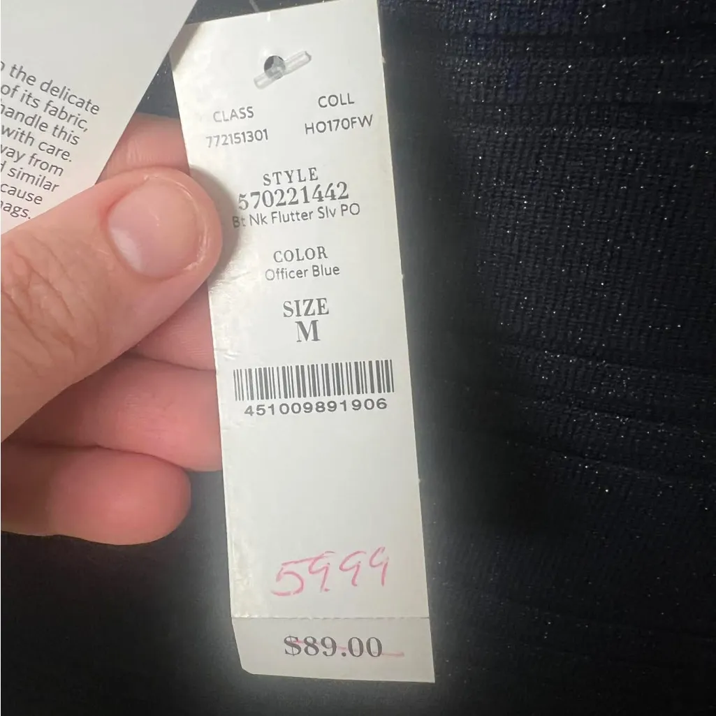 White House Black Market Woman Medium Sweater Flare Sleeve Navy Shimmer Top - Image 7