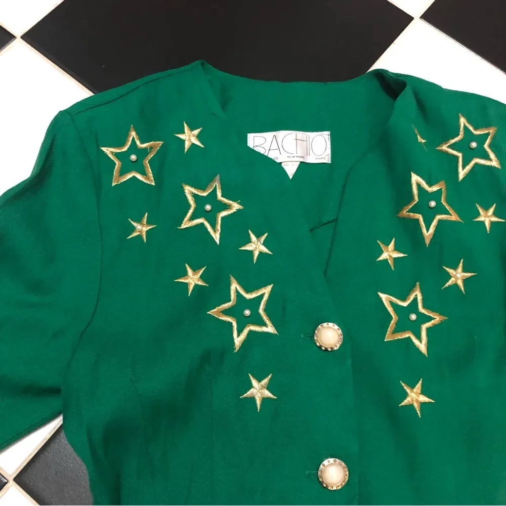 Vintage 80s Bachio Embroidered Stars Long Blazer Jacket Ringleader Leprechaun M Green Size M - Image 2