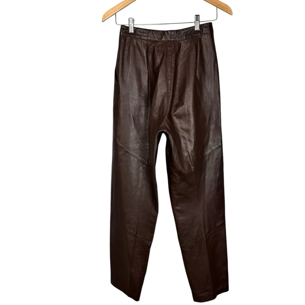 Vintage Madeline 100% Leather Brown Triple Pleated High Waist Trouser Size 4 US - Image 4
