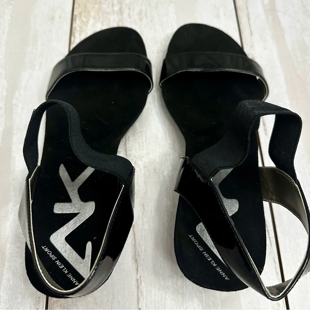 Anne Klein Sport Black Patent Strappy Sandals Wedge Heels Shoes Summer Vacation - Image 7