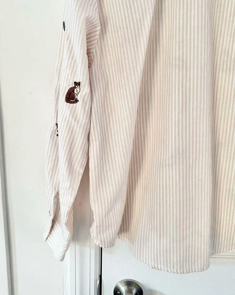 Teddi Vintage Beige White Seersucker Stripe Buttondown Embroidered Cats Large - Image 11