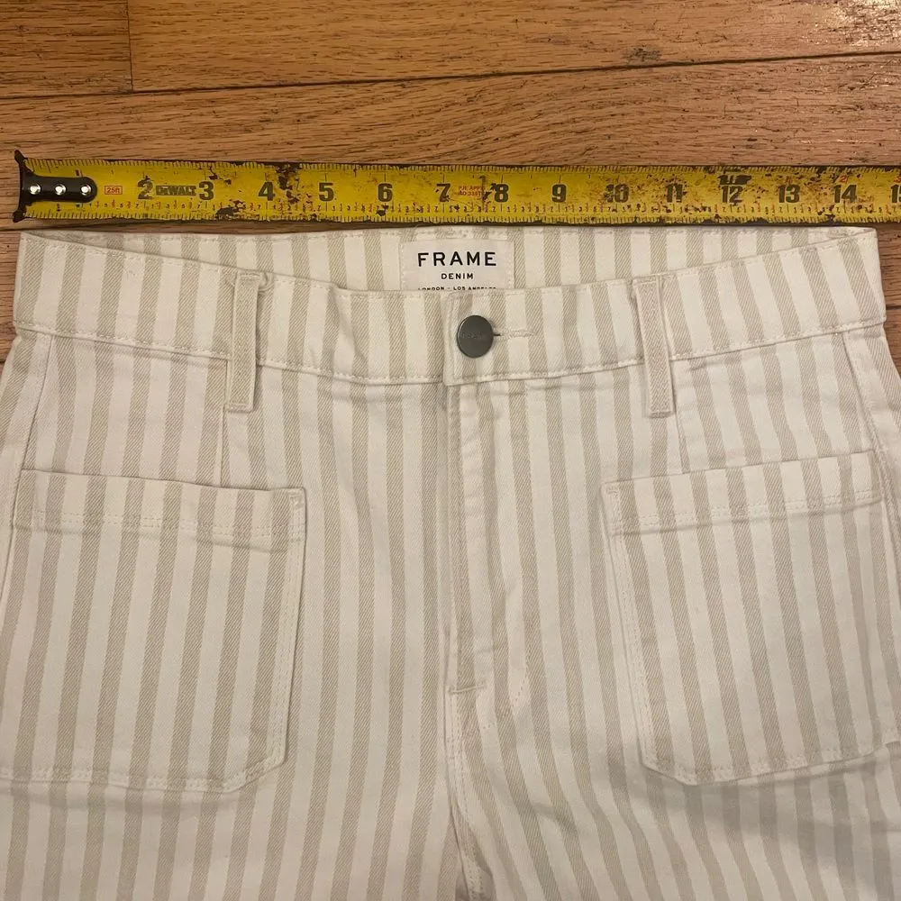 FRAME - Le Bardot Crop Flare Raw Edge in Courtyard‎ Size 28 cream/beige striped - Image 6