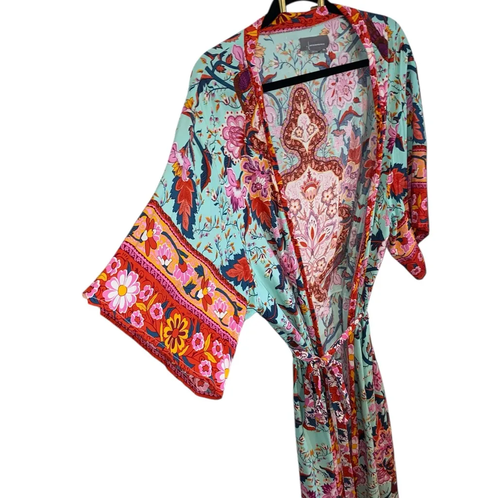 Anthropologie Radiant Floral Paisley Robe Kimono Aqua Red Boho maximalist pajama - Image 11