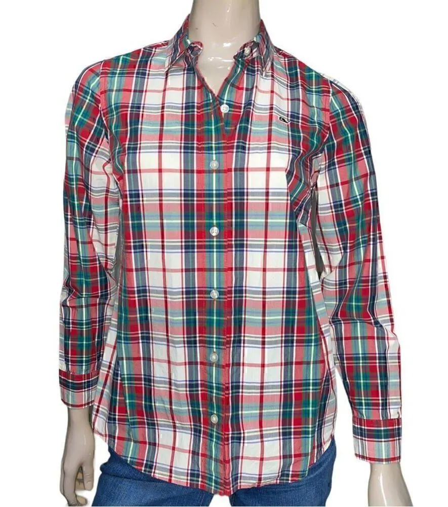 Vineyard Vines Women’s Size 4 Red White Green Blue Plaid Button Down Shirt - Image 2