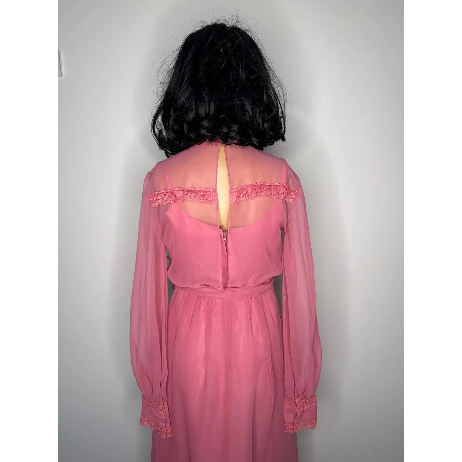 1970s Pink Chiffon Prairie Maxi High Neck Dress Lace Trim LGWD Canada XS - Image 14