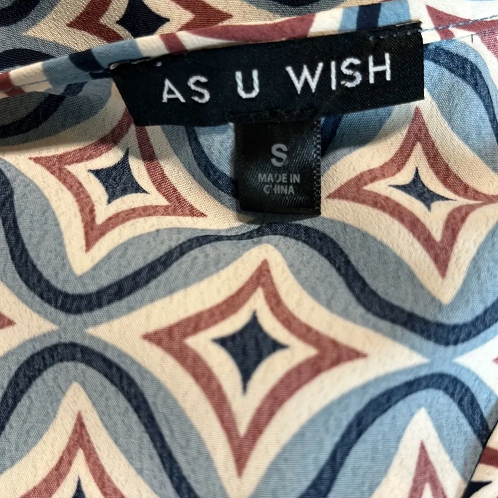 As U Wish Long Sleeve O Ring Dress Silky Blue Navy Mauve Print Womens Small New - Image 10