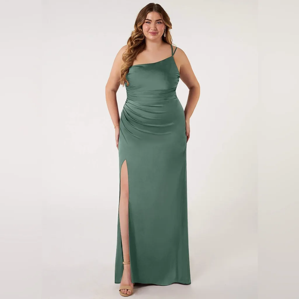 Azazie Eren Eucalyptus Sheath One Shoulder Stretch Satin Bridesmaid Dress - Image 6