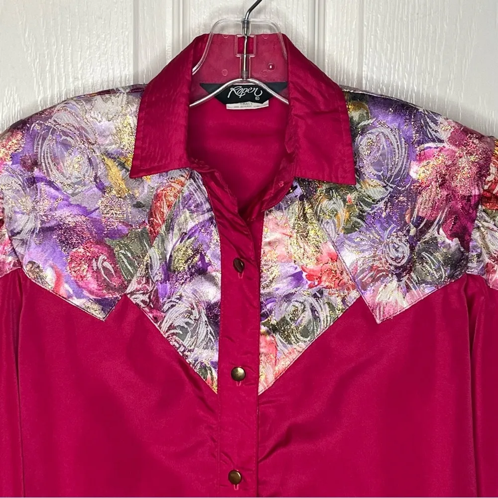 Vintage Roper Western Button Up Shirt Sz S Shoulder Pads Puff Sleeves Hot Pink - Image 2