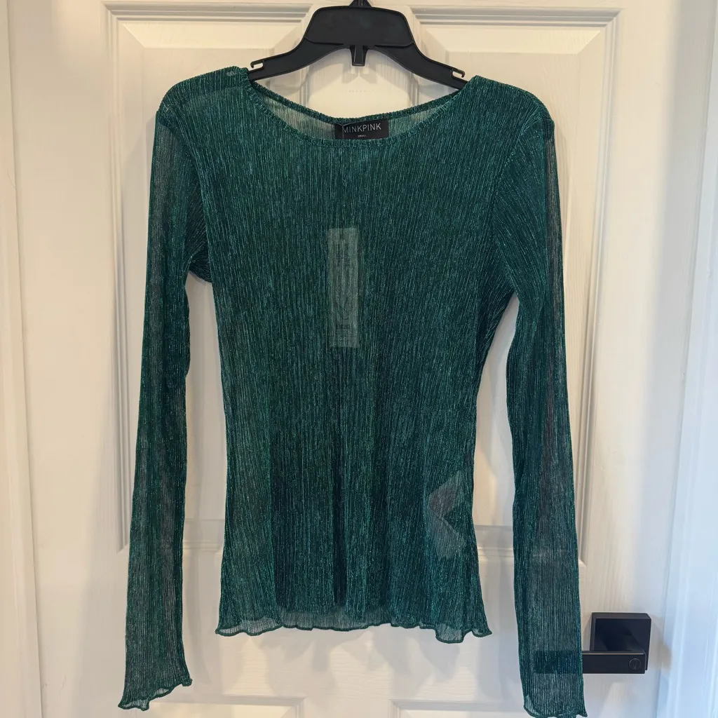 MINKPINK NWT Green Sheer Long Sleeve Shirt Blouse Metallic Shimmer Astrid Top - Image 2