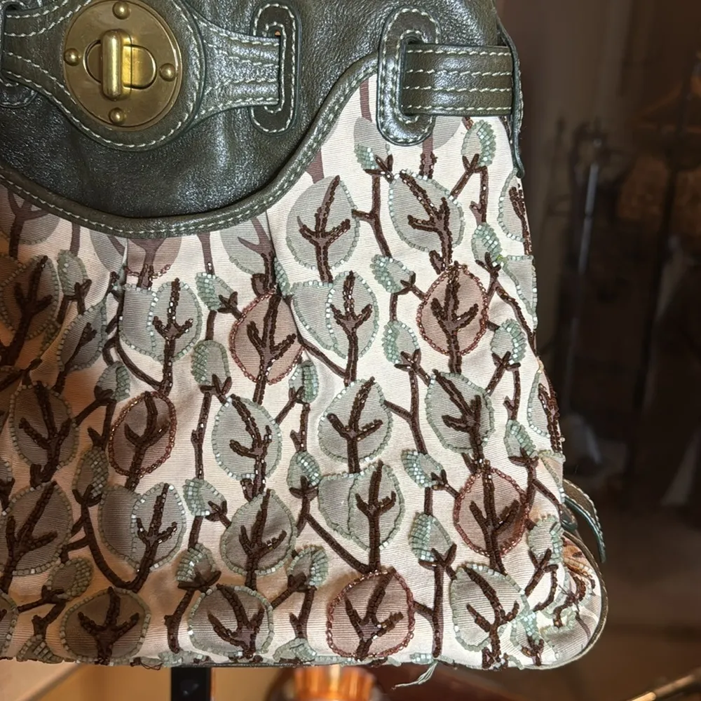 RARE Beautiful Lockheart By Brighton Green Leather Beaded Tote Bag - Image 5