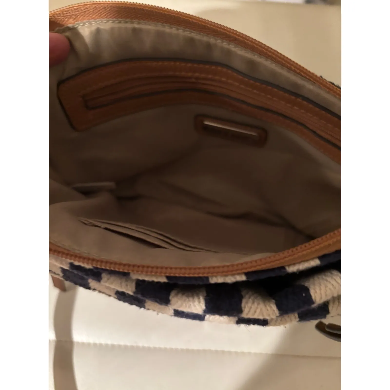 Rosetti Blue & Beige Striped Crossbody Bag with Tan Vinyl Trim - Image 4