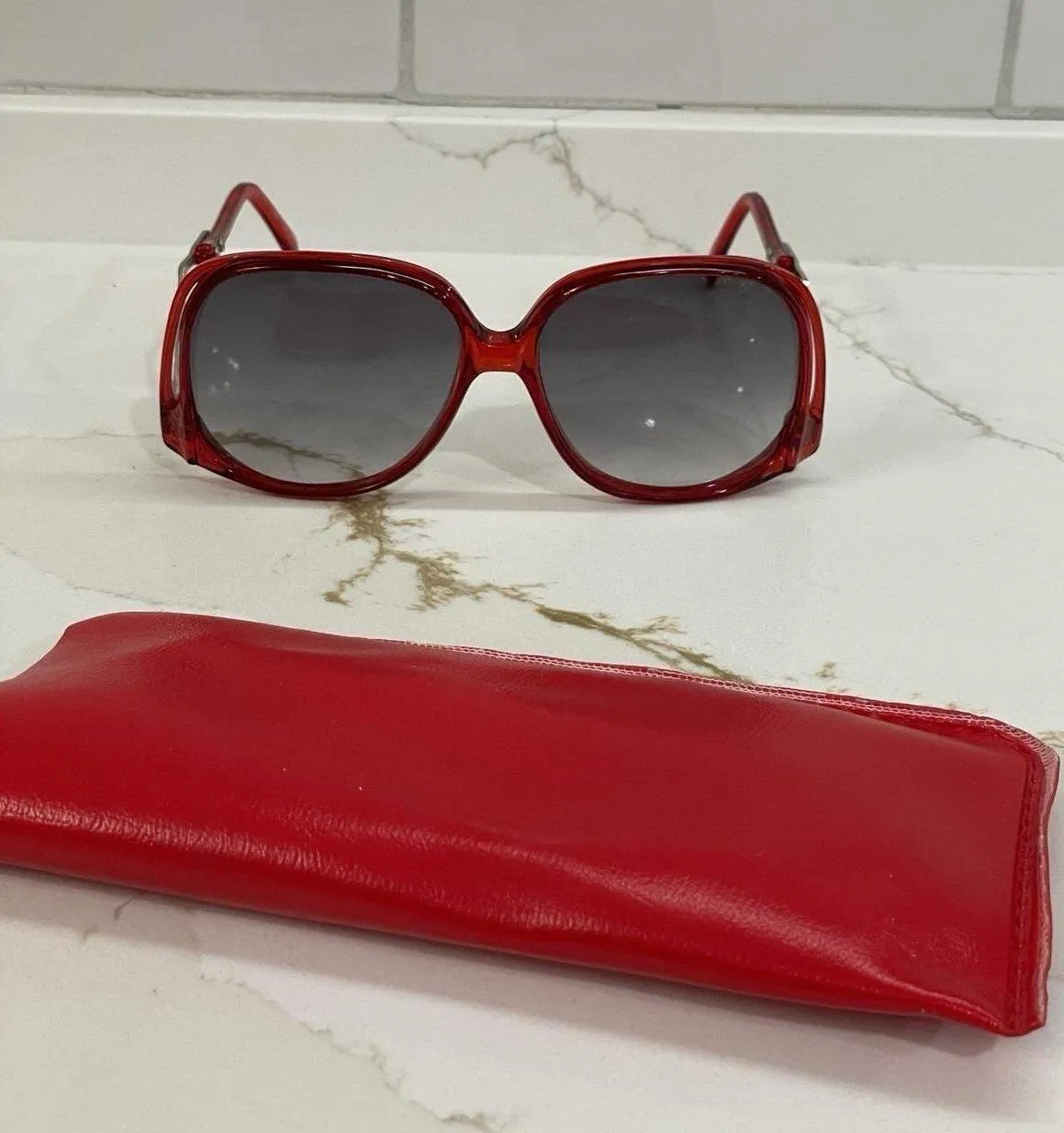 Vintage Oversized Sunglasses Red Angled Frame Retro Plastic Metal Square Case - Image 1