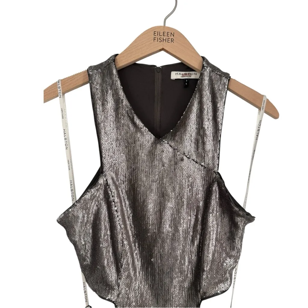 Halston Heritage Antique Silver Sequin Minidress size 2 Side Cutouts Sleeveless - Image 4