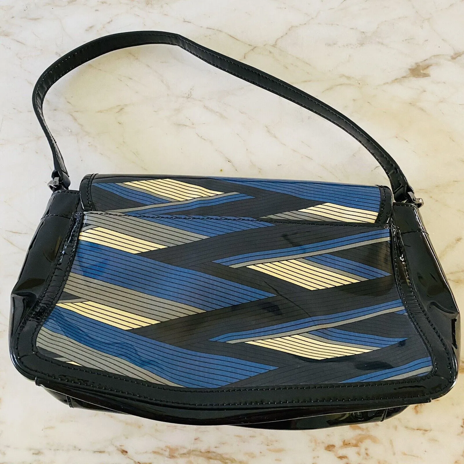 TORY BURCH Blue Black Stripe Patent Leather Shoulder Bag - Image 8